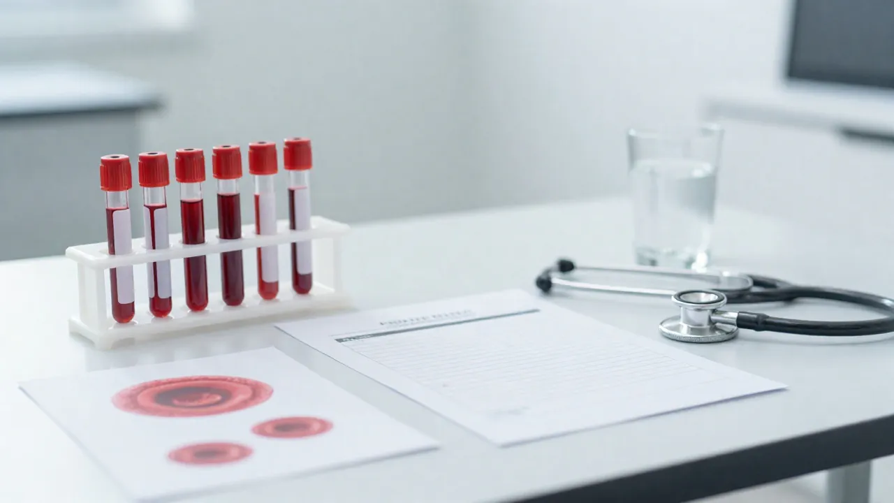 Probówki z krwią i stetoskop na biurku podczas diagnostyki anemii
