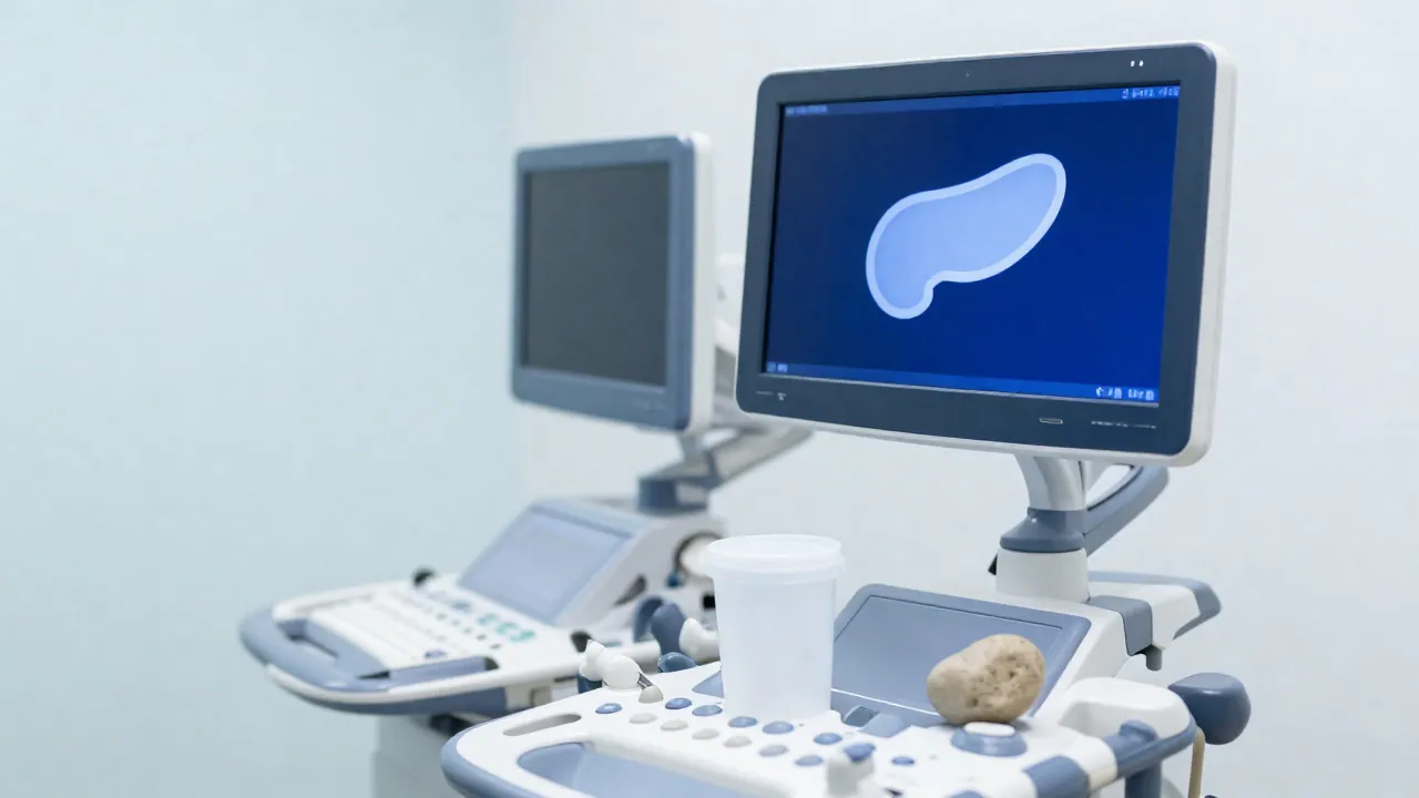 Aparat do ultrasonografii i model pęcherzyka przy temacie Kamienie żółciowe, jakie objawy mogą powodować - Kamienie żółciowe – jakie objawy mogą powodować?
