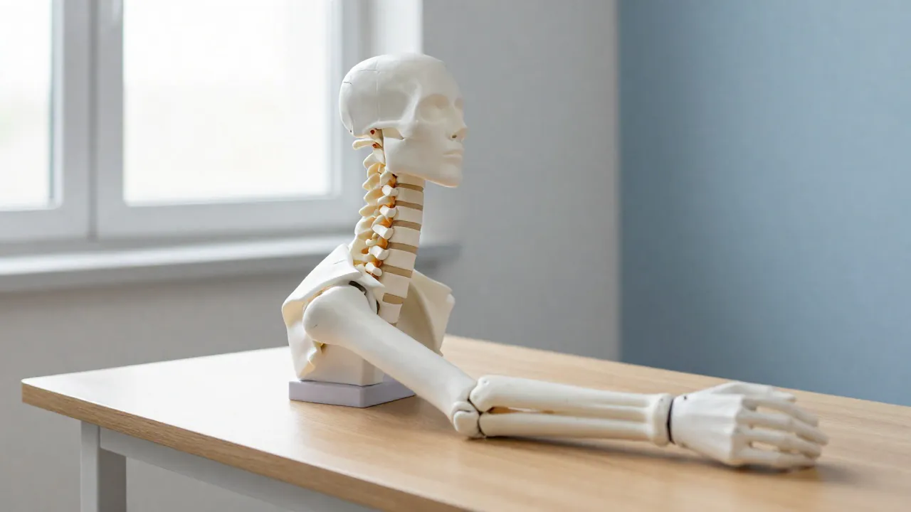 Ból promieniujący do ręki związany z szyją i uciskiem nerwu przedstawiony na modelach anatomicznych