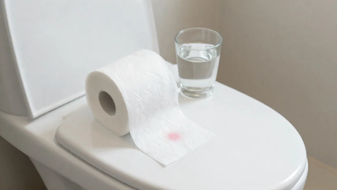 Papier toaletowy z niewielkim śladem krwi jako możliwy objaw Hemoroidy, jak wyglądają pierwsze objawy - Hemoroidy – jak wyglądają pierwsze objawy?