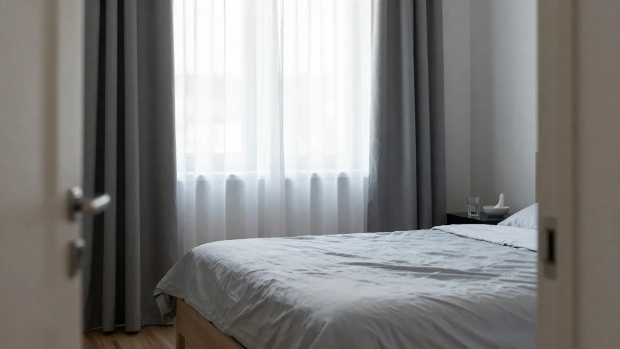 Ciemna, spokojna sypialnia przygotowana na napad migreny, z wodą i chłodnym kompresem przy łóżku.