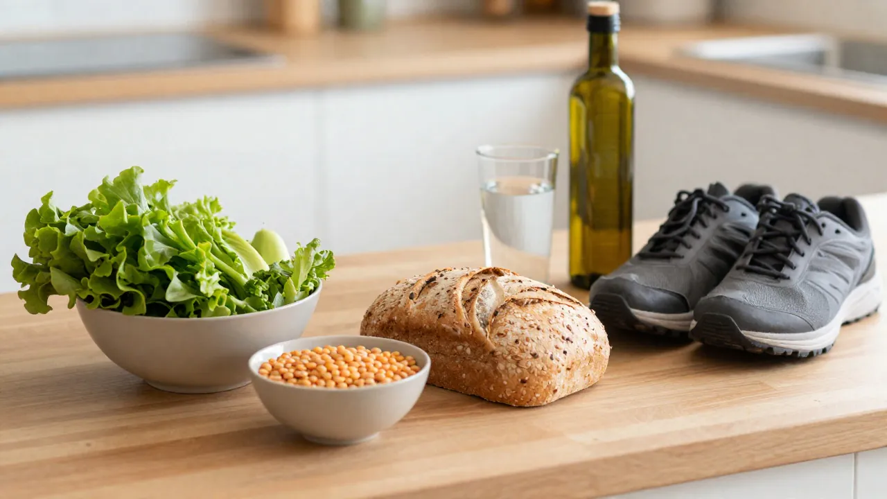 Podwyższony cholesterol, co oznacza wynik powyżej normy? Zdrowe produkty i buty do spaceru - Podwyższony cholesterol – co oznacza wynik powyżej normy?