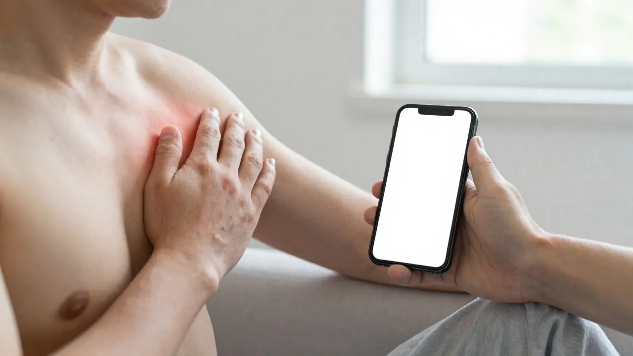 Lewa ręka z zaznaczonym dyskomfortem i telefon alarmowy w tle