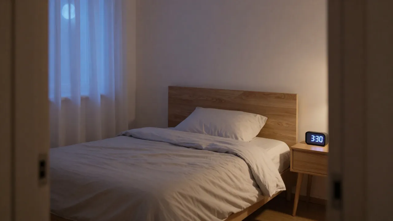 Sypialnia podczas nocnego wybudzenia między 3 a 4 rano, z zegarem na stoliku nocnym